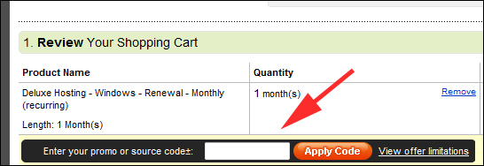 GoDaddy Shopping Cart for Coupon Entry
